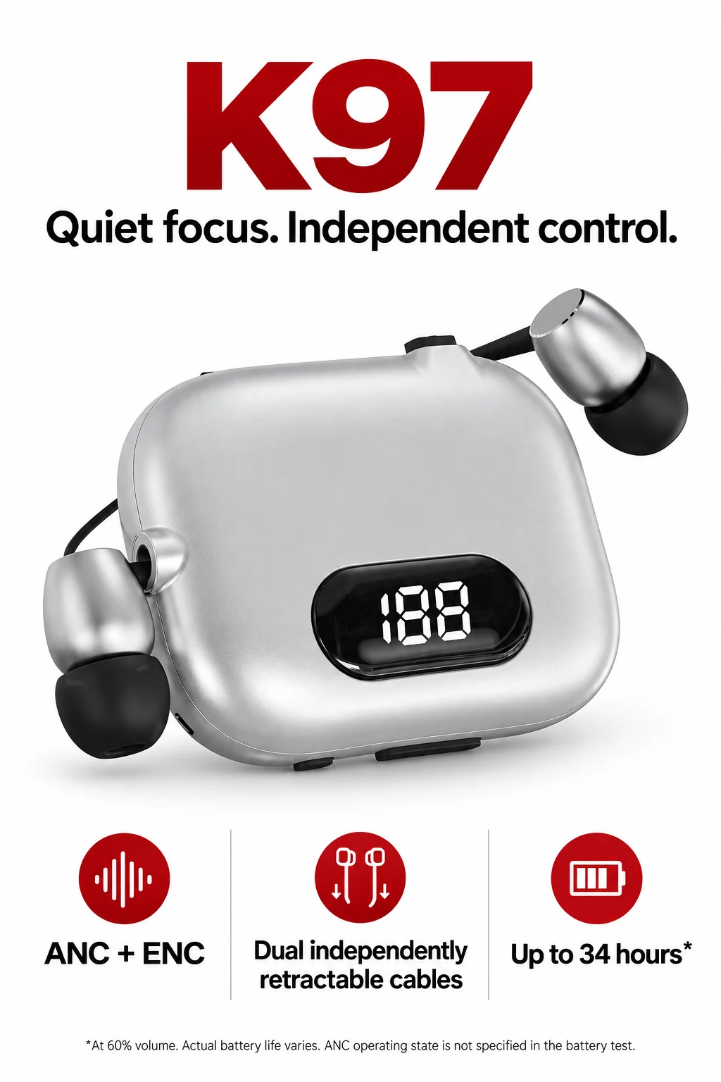 K97 product poster: ANC and ENC, independent retractable cables and up to 34 hours at 60 percent volume