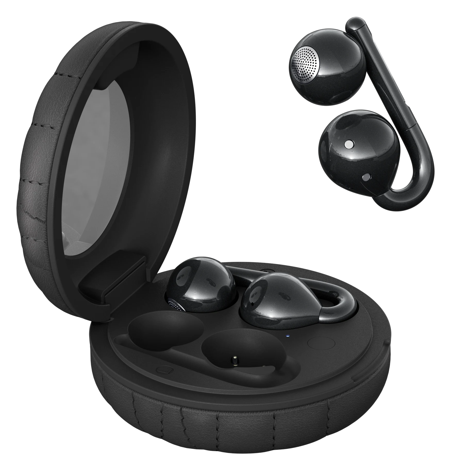 F27B in Black — Earbuds & open case